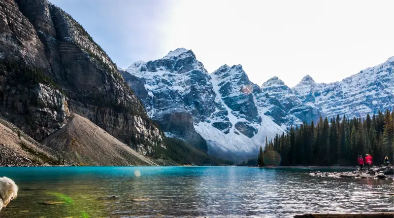 Snow-dusted Ten Peaks rising above the turquoise water of Moraine Lake